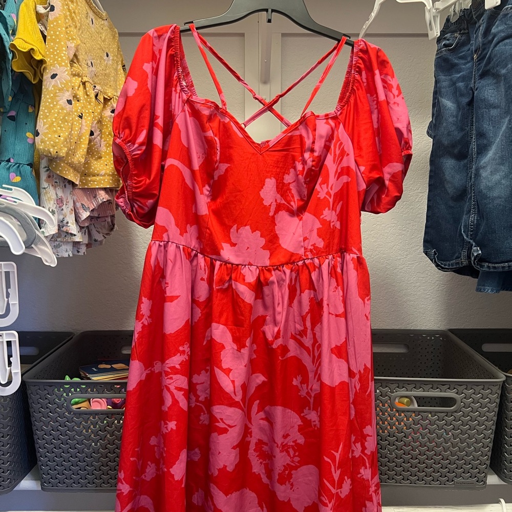 Red and Pink Floral Plus Off Shoulder Crisscross Dress